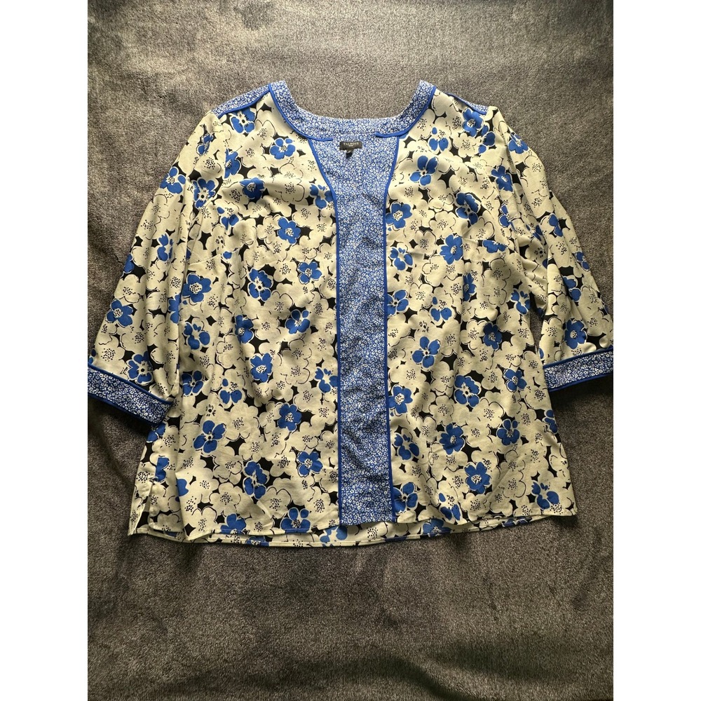 Talbots Woman Blue White Floral Print 3/4 Sleeve Blouse Top 2X CN505-23